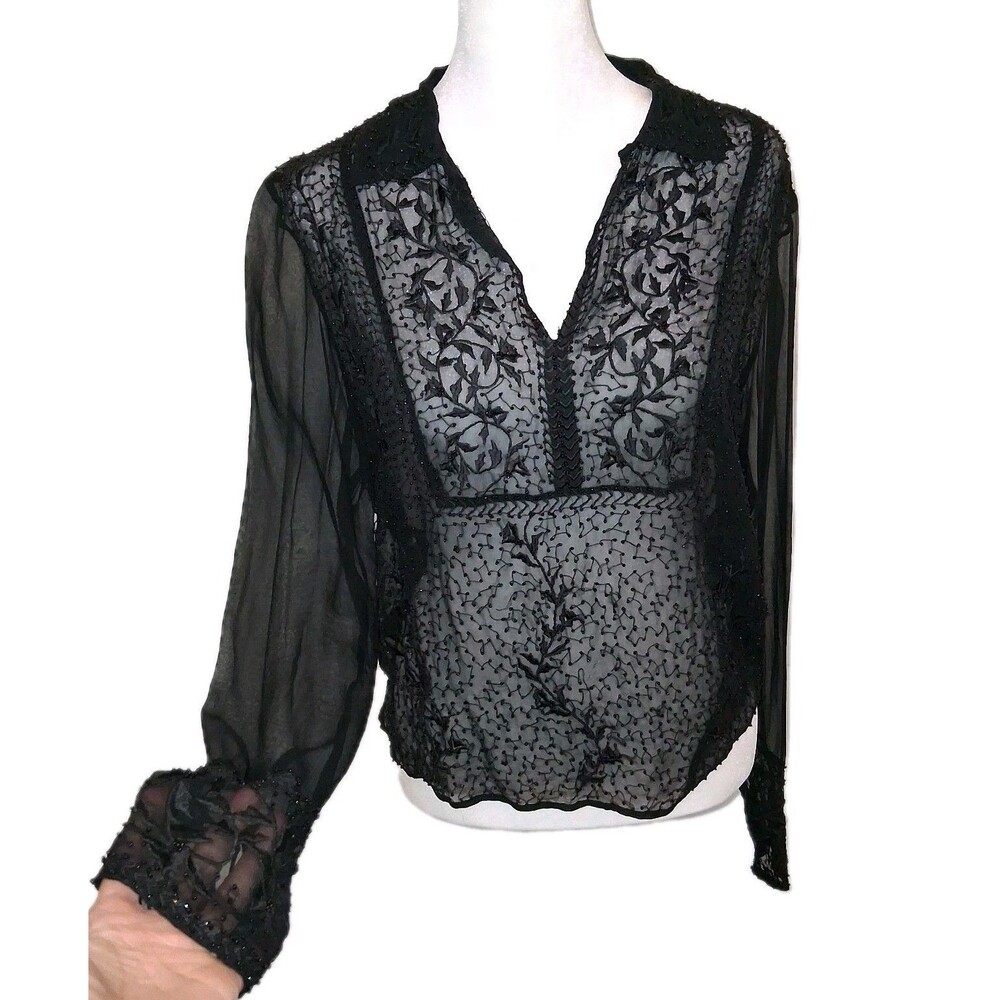 Sheer Beaded Silk Blouse Womens Sz S  Dark Romantic Whimsigoth Coqutte Glam